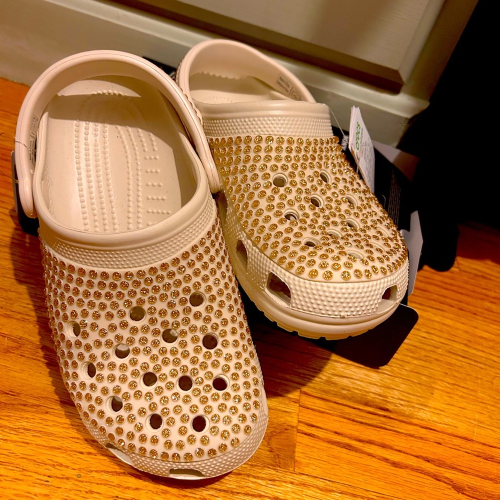 White and Gold Sparkly Crocs